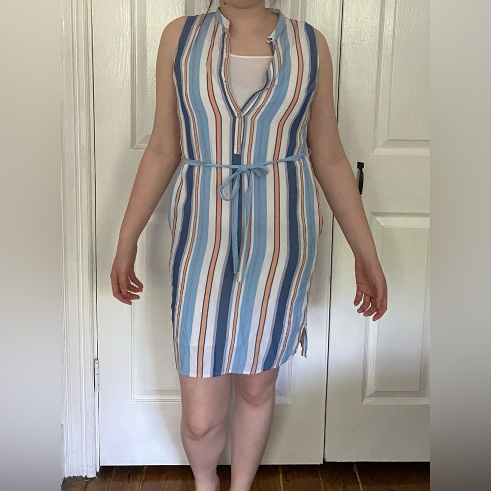 Nautica Blue, White and Orange Striped Sleeveless Shirtdress with Belt